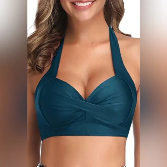 NWT Tempt Me Teal Vintage Swimsuit Retro Halter Ruched High Waist Bikini Set - Picture 2 of 16